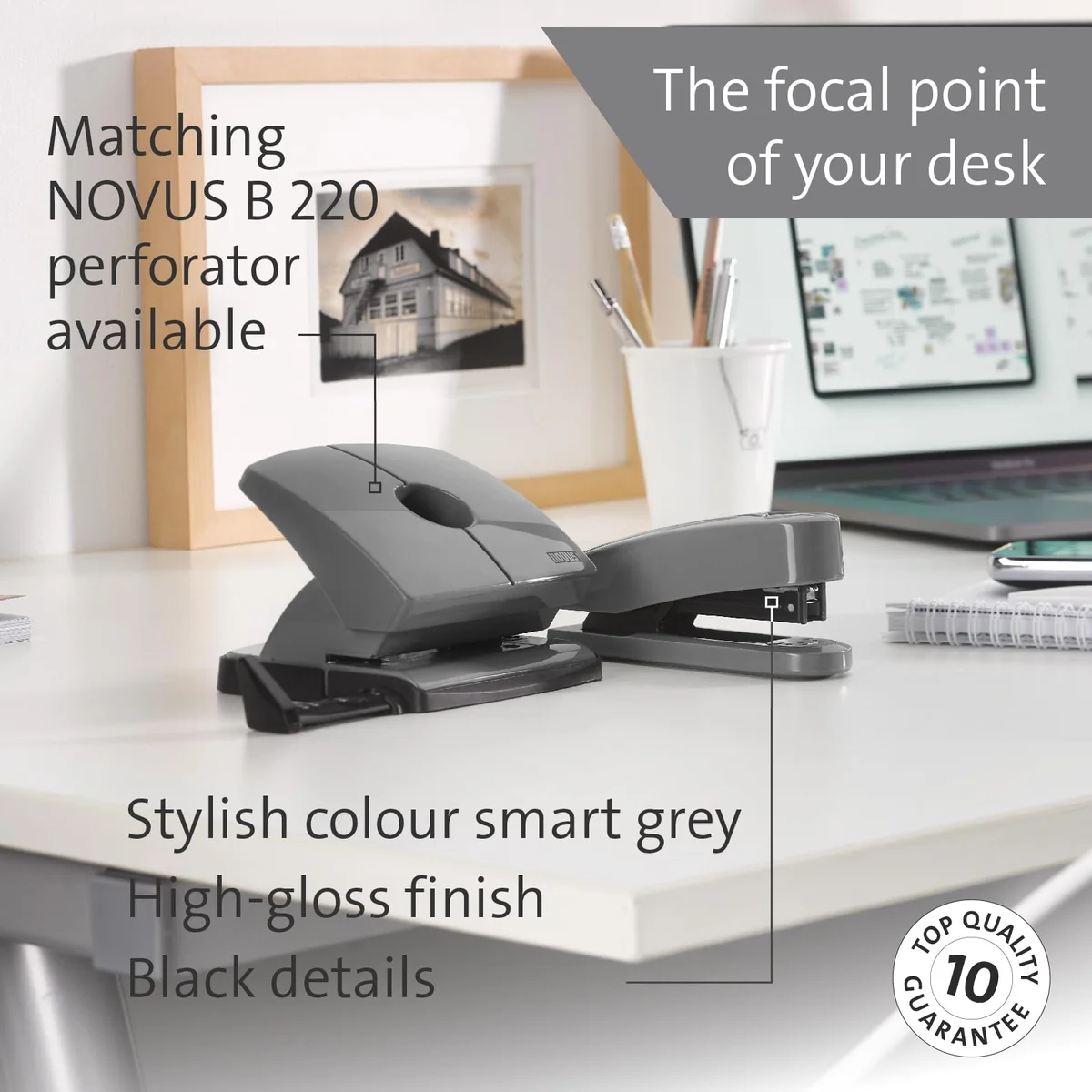 NOVUS Grapadora B2 Color ID 2.0 (25 hojas de capacidad de grapado, mecanismo de carga superior, dispositivo de metal con revestimiento de plástico, incluye 200 grapas), color gris