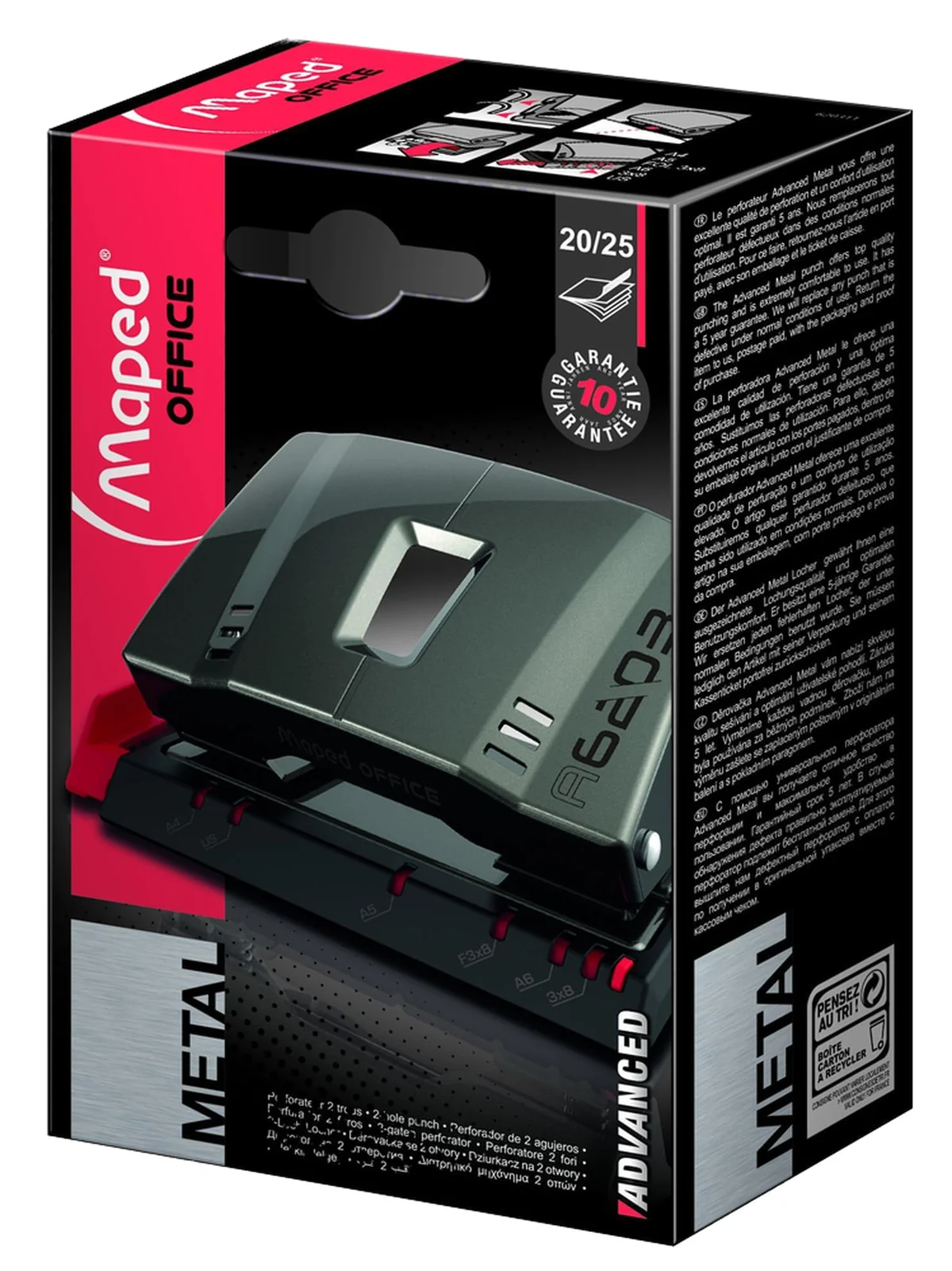 Maped - Perforadora de Papel - Advanced Metal 2 Agujeros para 20/25 Hojas - Agujereador de Papel Metálico - Regleta Ultra Legible - Tapa para Vaciar Confetis - Rápida y Precisa - Color Negro