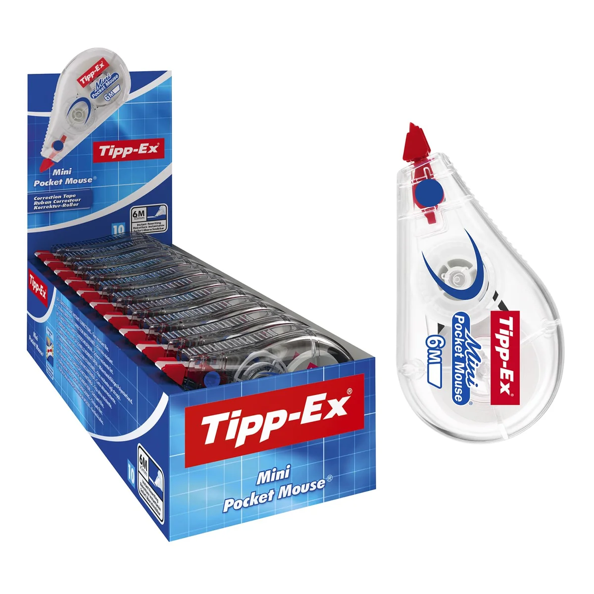 Tipp-Ex Mini Pocket Mouse Cinta Correctora - 6 m x 5 mm, caja de 10 Unidades, óptimo para oficinas, Multicolor