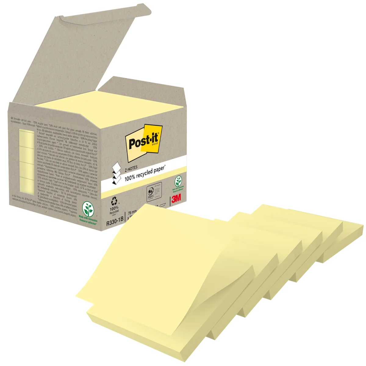 Post-It Z-Notas Recicladas Canary Yellow, Paquete de 6 Blocs de Notas, 100 Hojas por Bloc, 76 x 76 mm, Color Amarillo, Notas Adhesivas Hechas de Papel 100% Reciclado