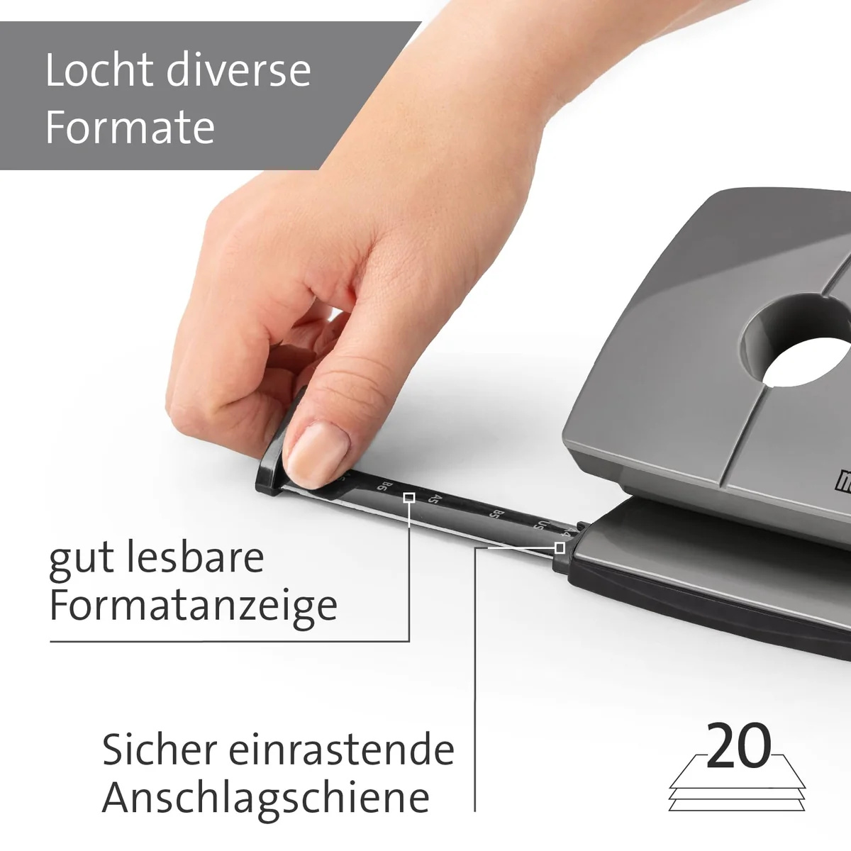 NOVUS B220 Colour ID 2.0 - Perforadora (capacidad para 20 hojas, riel de bloqueo fijo, piezas funcionales de metal), color gris