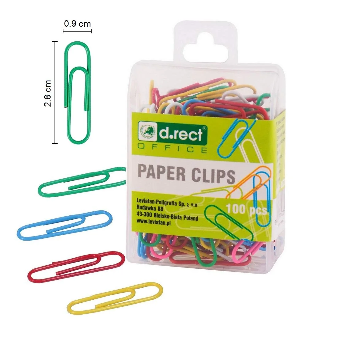 D.RECT Clips de oficina 28mm, 100 unidades, Clips de colores, en caja de plástico, 7129