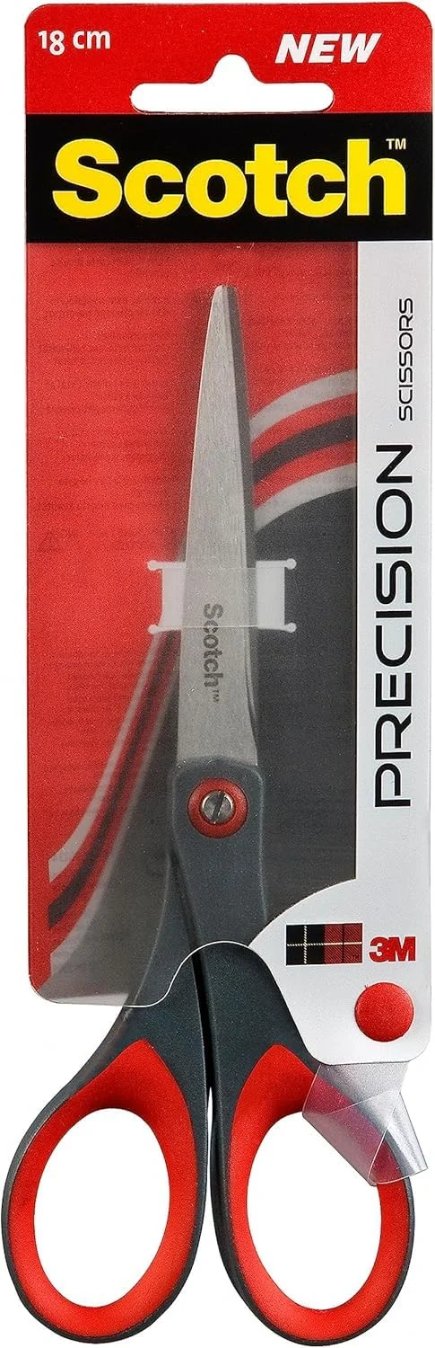 Scotch Tijeras de Precisión para Oficina con Hojas de Acero Inoxidable - 18 cm - Ideal para un Corte Preciso - Adecuada para Usarlas con la Mano Derecha o la Izquierda - Color Gris/Rojo