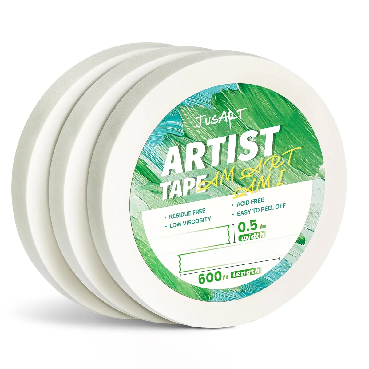 JusArt Cinta adhesiva de 3 paquetes para papel de acuarela,1,27 cm de ancho, 183 m de largo, cinta blanca para dibujo, pintura a gran escala, libre de ácido, de baja adherencia