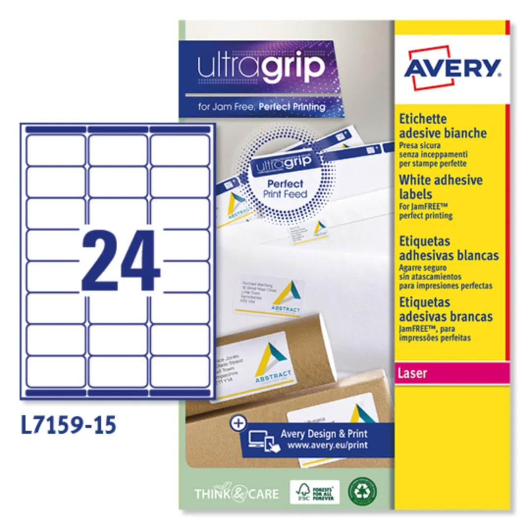 Avery España L7159-15 Etiquetas adhesivas papel blanco, 15 hojas A4, rectangulares 63,5x33,9mm, 24 etiquetas por hoja, adhesivo permanente, impresoras láser