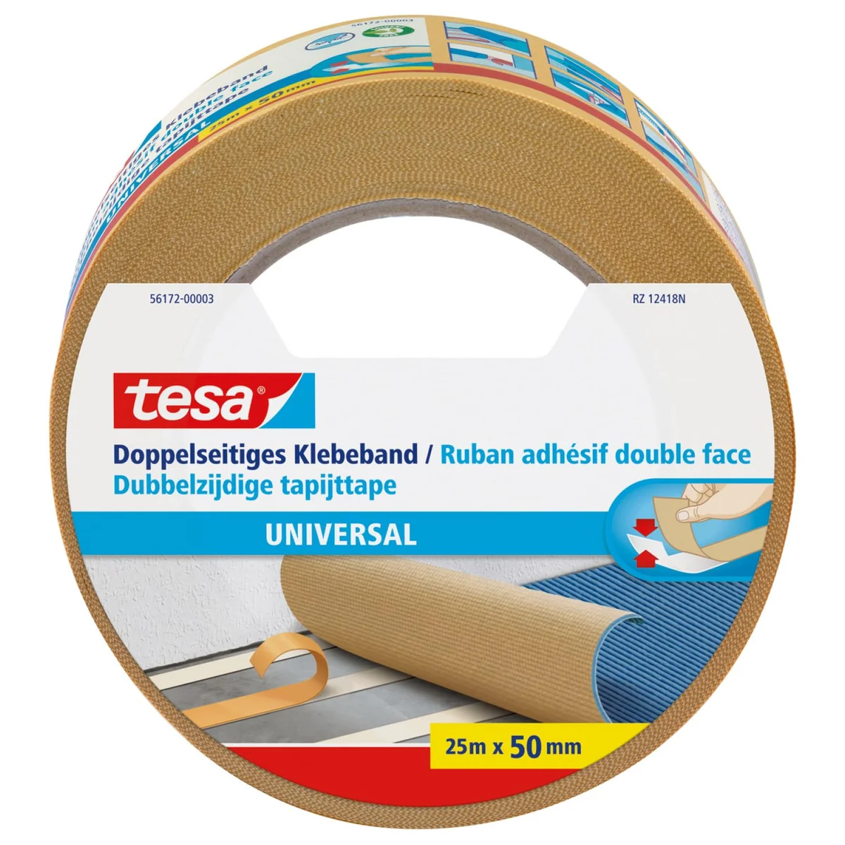 tesa Cinta de Doble Cara Universal - Cinta Adhesiva Versátil para la Fijación de Alfombras, 56172-00003-11, Manualidades y Decoraciones del Hogar - 25 m x 50 mm, Marrón