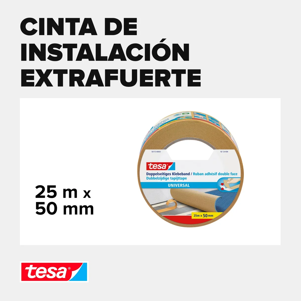 tesa Cinta de Doble Cara Universal - Cinta Adhesiva Versátil para la Fijación de Alfombras, 56172-00003-11, Manualidades y Decoraciones del Hogar - 25 m x 50 mm, Marrón