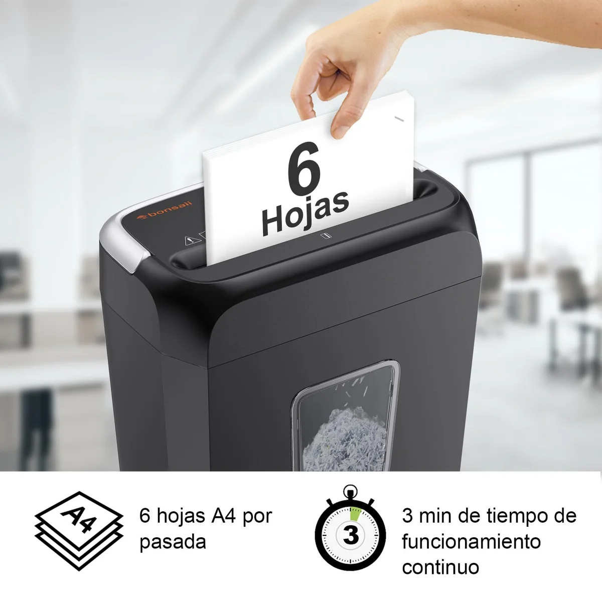 Bonsaii Destructora de Papel 6 Hojas, Corte en Partículas P-4 para Tarjetas