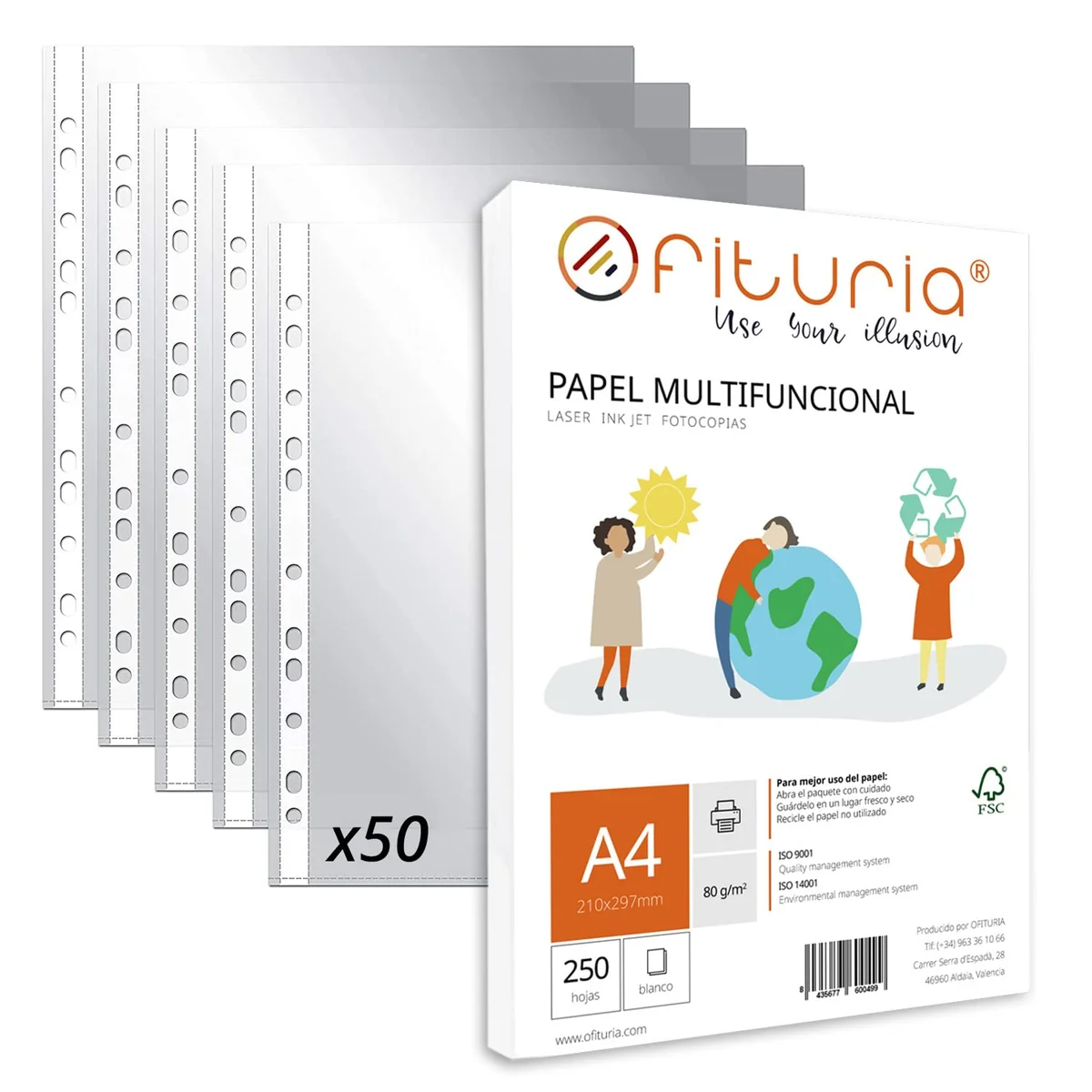 OFITURIA® Fundas Perforadas Multitaladro para Folios A4 Plástico Transparente de Polipropileno Piel de Naranja - 100 unidades