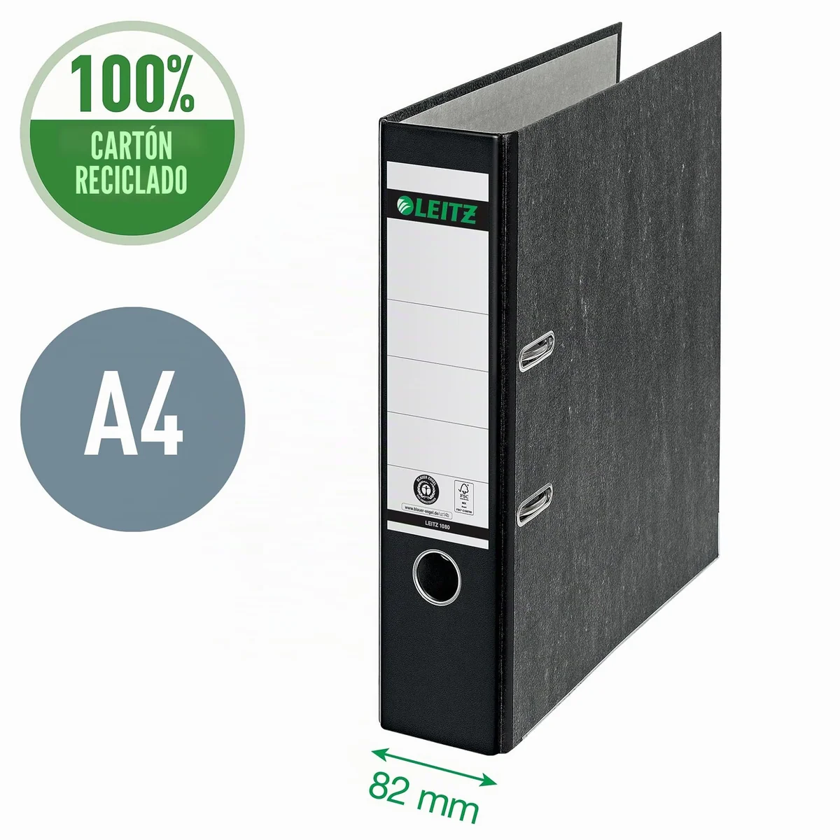 Leitz 10805095 - Archivador de Anillas con Palanca Clásico Jaspeado 180º, Tamaño A4, Hasta 600 Hojas, CO2 Compensado, 100% Cartón Reciclado, Con Ranuras, Cantonera y Orificio, Lomo 80 mm, Color Negro