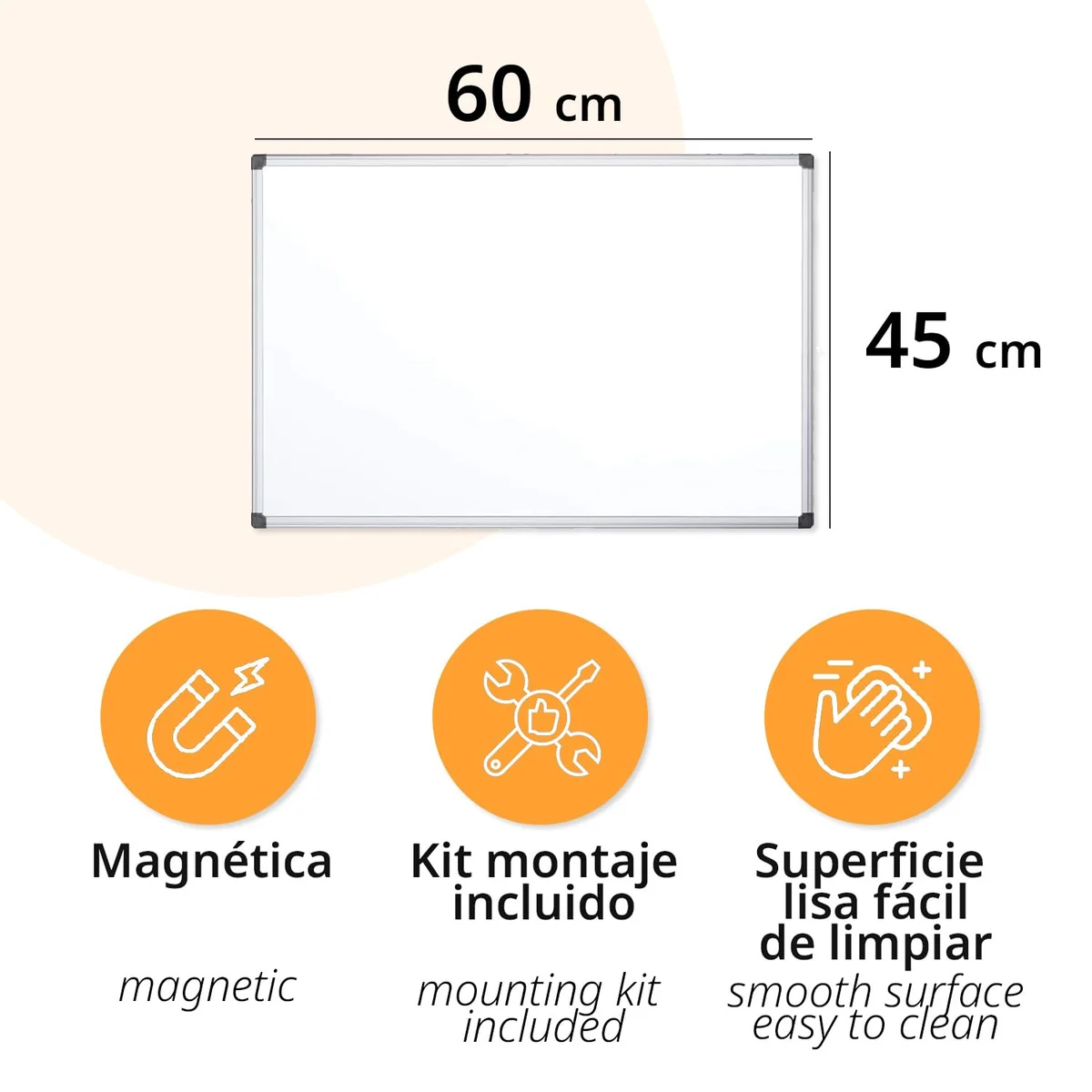 OFITURIA® Pizarra Blanca Magnética Lacada Con Marco De Aluminio Resistente Fácil De Borrar En Seco, Medida 60x45 cm
