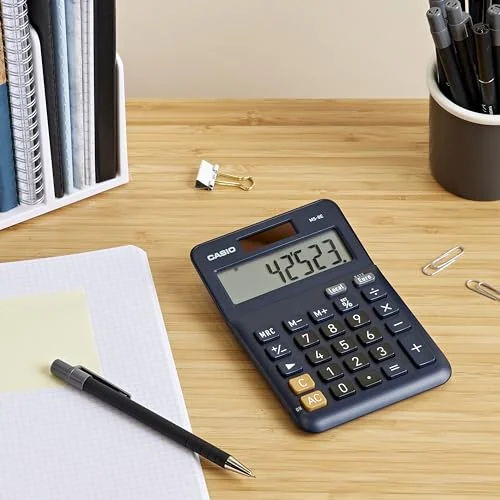 Casio, MS-8E, Calculadora de Escritorio con Pantalla Extra-Grande de 8 dígitos, Azul, alimentada por energía Solar/batería, con cálculo de Porcentaje avanzado