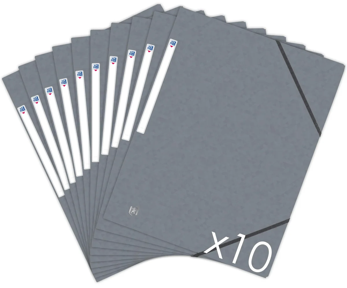 Oxford Top File + - Lote de 10 carpetas de cartón con 3 solapas, formato A4, cierre con elásticos, color gris