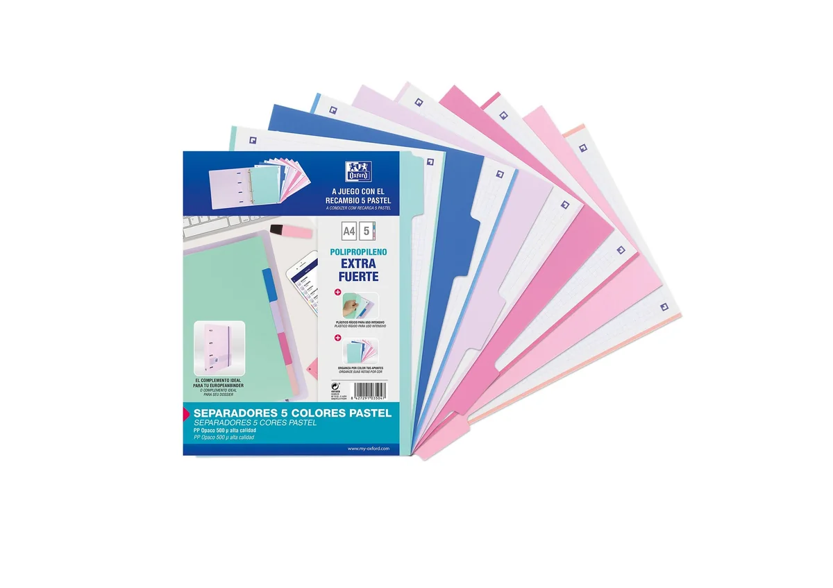 Oxford Strongline, Separadores Archivador 4 anillas A4, Plástico Opaco, 5 Posiciones, 4 Taladros, 5 Colores Pastel