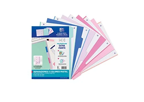 Oxford Strongline, Separadores Archivador 4 anillas A4, Plástico Opaco, 5 Posiciones, 4 Taladros, 5 Colores Pastel