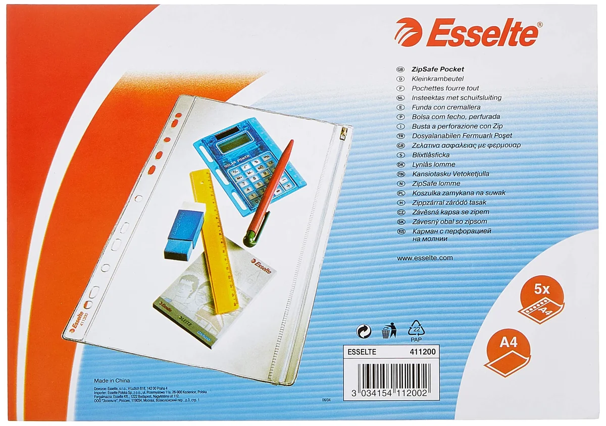 ESSELTE 411200 - Fundas fuelle capacidad PVC sin refuerzo 200 micras (bolsa 5 ud.) DIN A4. 11 taladros, Claro