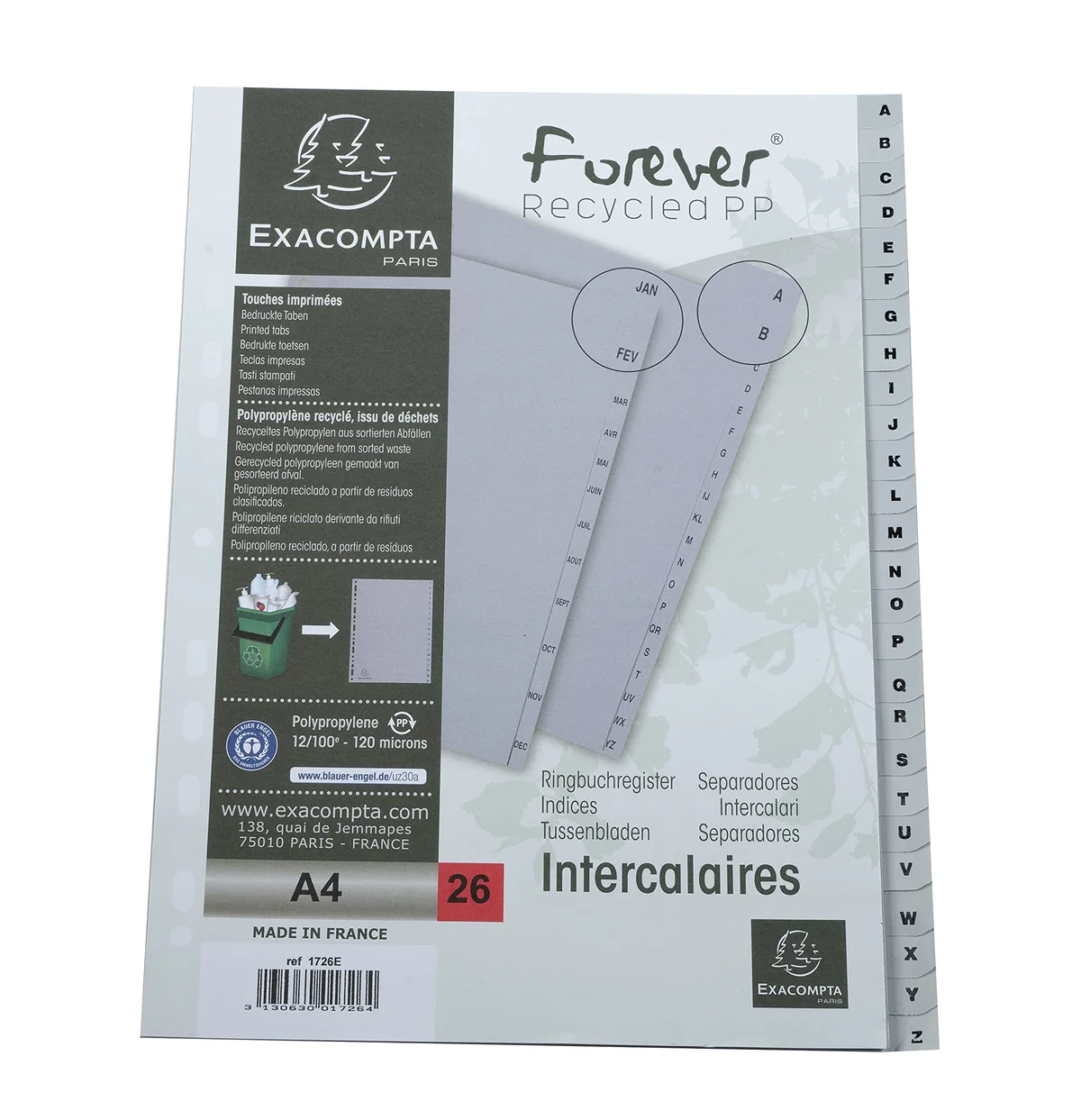 Exacompta - 1726E - Separadores de polipropileno reciclado gris con 26 pestañas impresas alfabéticamente de la A a la Z - Formato a archivo A4 - Dimensiones 22,5 x 29,7 cm - Certificado Blue Angel