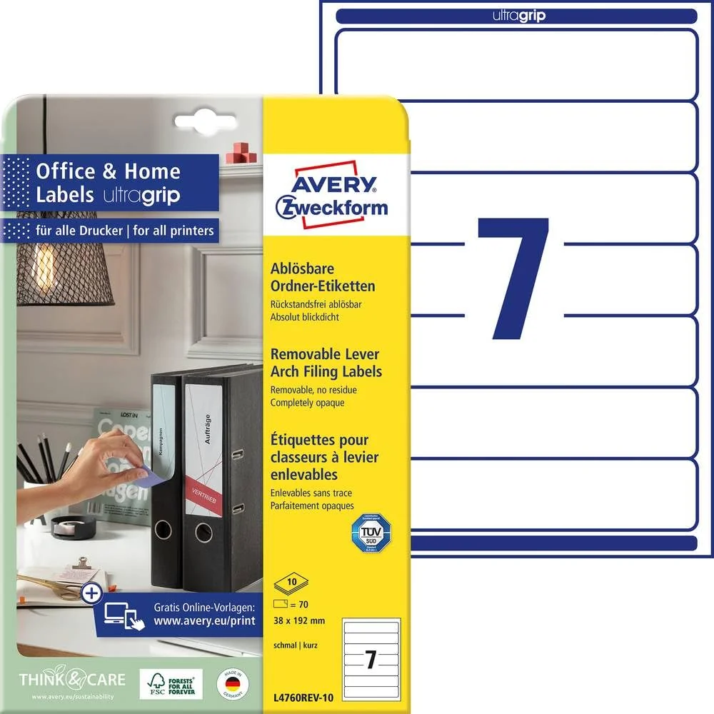 AVERY Zweckform L4760REV-10 Etiquetas para lomo de carpetas (70 etiquetas con ultraagarre, 38 x 192 mm en A4, reutilizables, estrechas/cortas, autoadhesivas, opacas, pegatinas imprimibles), 10 hojas,