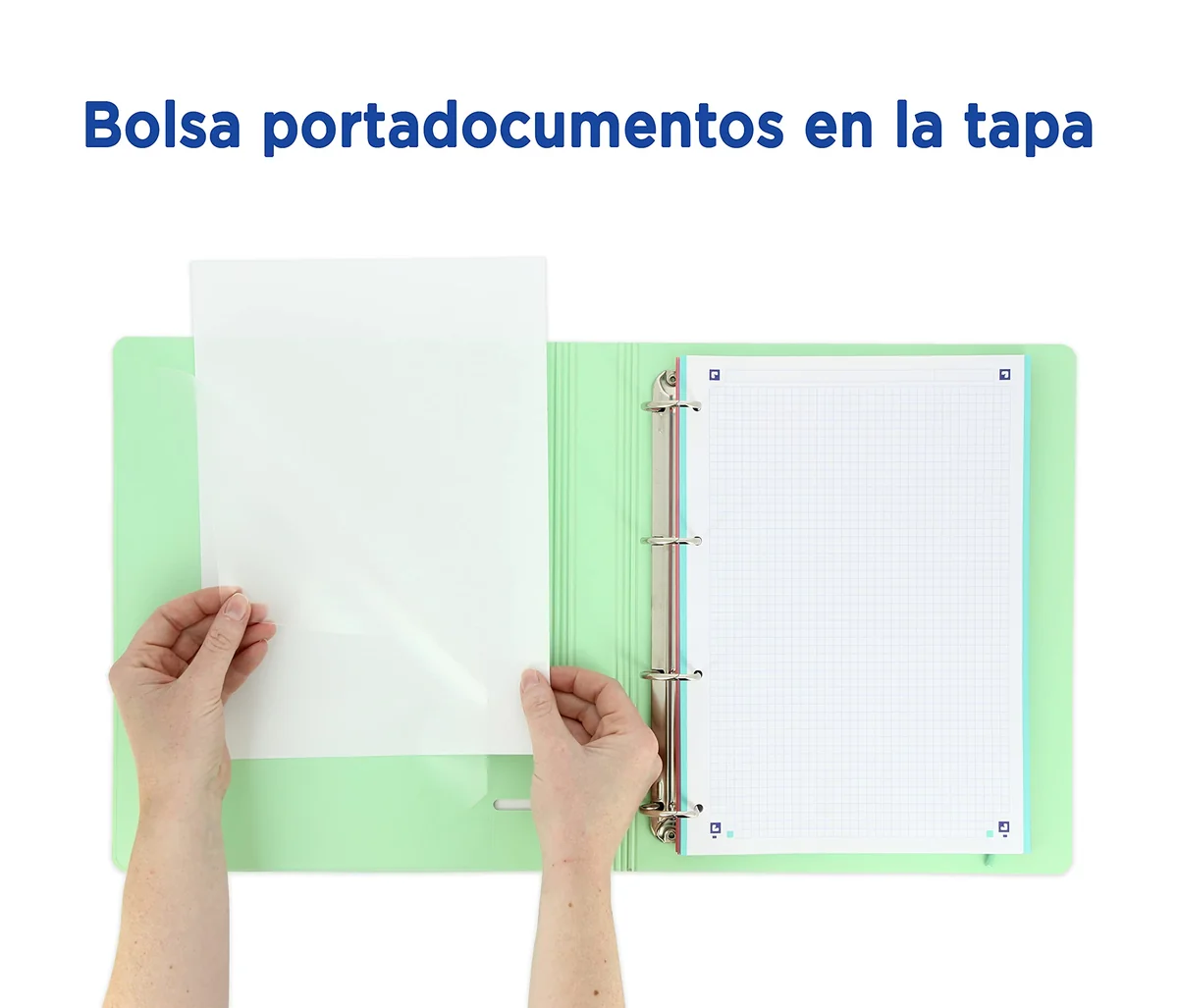 Oxford Live & Go, Archivador 4 Anillas Plástico Polyfoam con Recambio y Goma. Tamaño A4+, Pizarra Extraíble, Hoja de Pegatinas, Recambio con 5 Bandas Color y Cuadrícula 5x5, Color Verde Menta