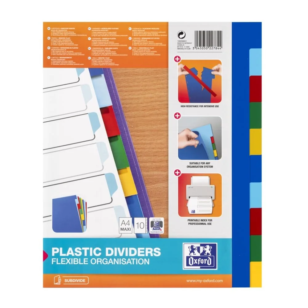 Oxford, Separadores Archivador A4, 10 Pestañas, 5 colores, Plástico de 120 micras