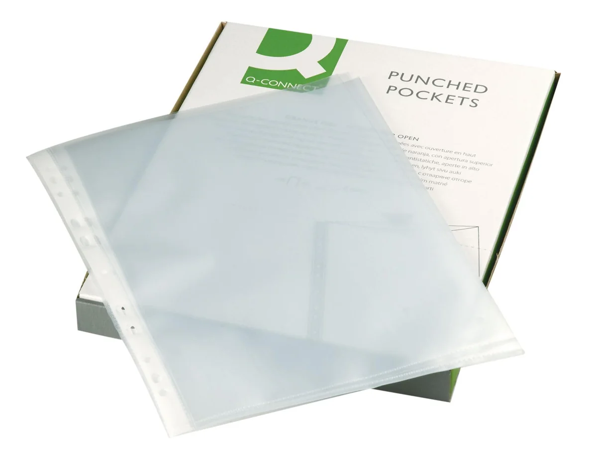 Q-Connect - Fundas de plástico perforadas (tamaño A4, 50 micras, 100 unidades), color transparente