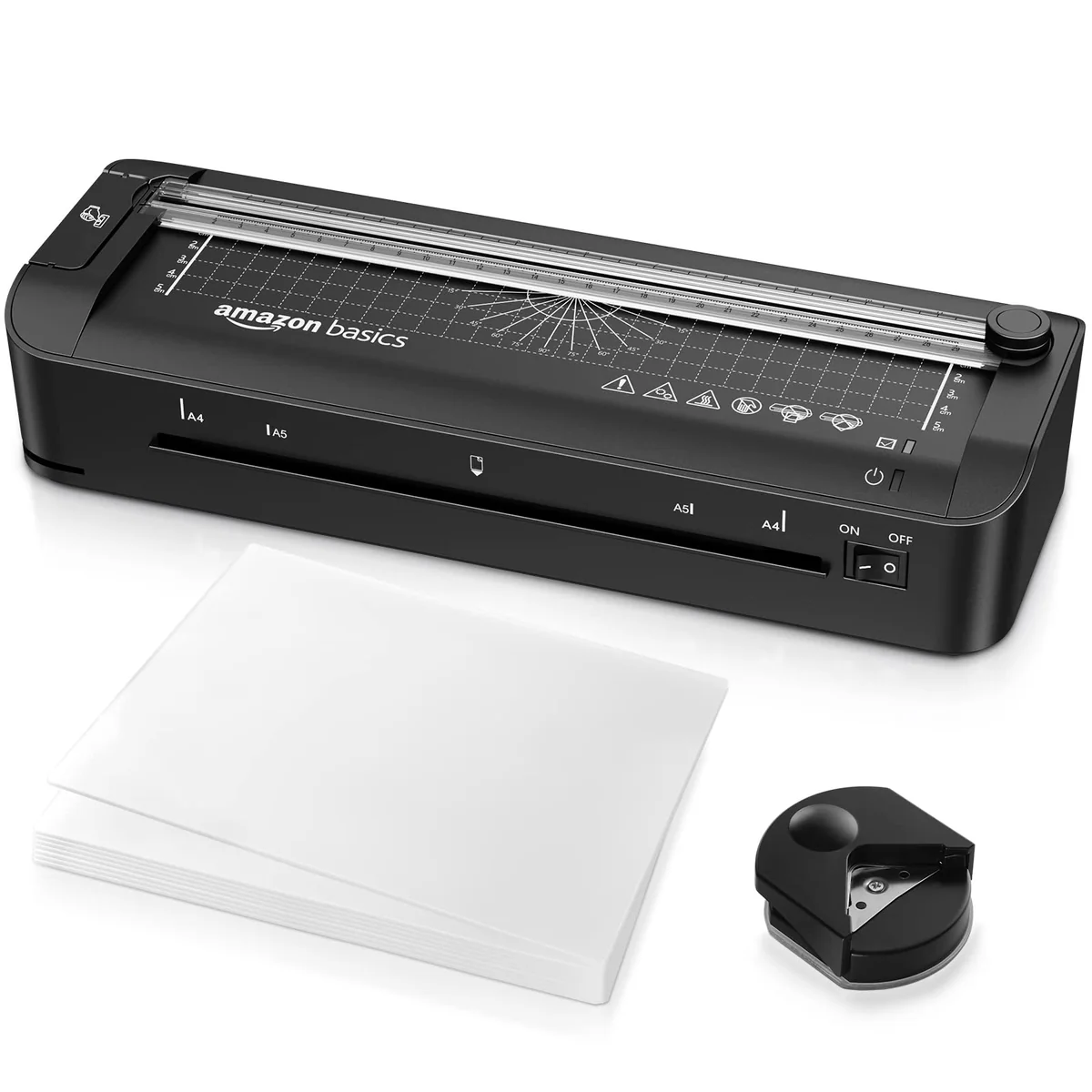 Amazon Basics Máquina de laminación térmica, 3 en 1, corta, perfora y redondea bordes, tamaño A4, 10 bolsas incluidas, enchufe de EU, Negro