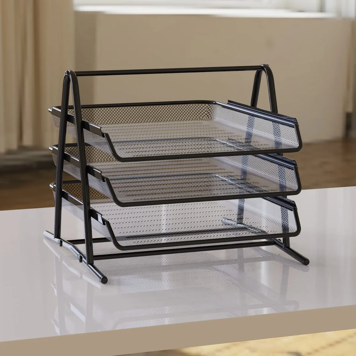 Detectalia Bandeja Organizador Documentos, 3 Niveles, Malla Metálica, Negro - Archivador y Clasificador Escritorio para Folios A4, Correo, Cartas y Carpetas, 35,5 x 29,7 x 26 cm