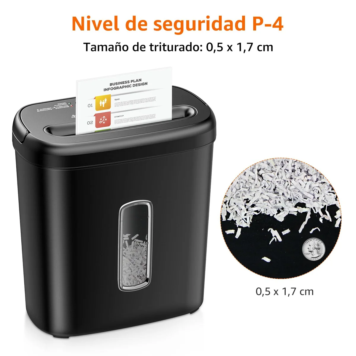 Amazon Basics Trituradora de Papel de Corte Cruzado, de 8 Hojas, con Ventana Transparente, para Documentos y Tarjetas de Crédito, Papelera de 14L, Color Negro