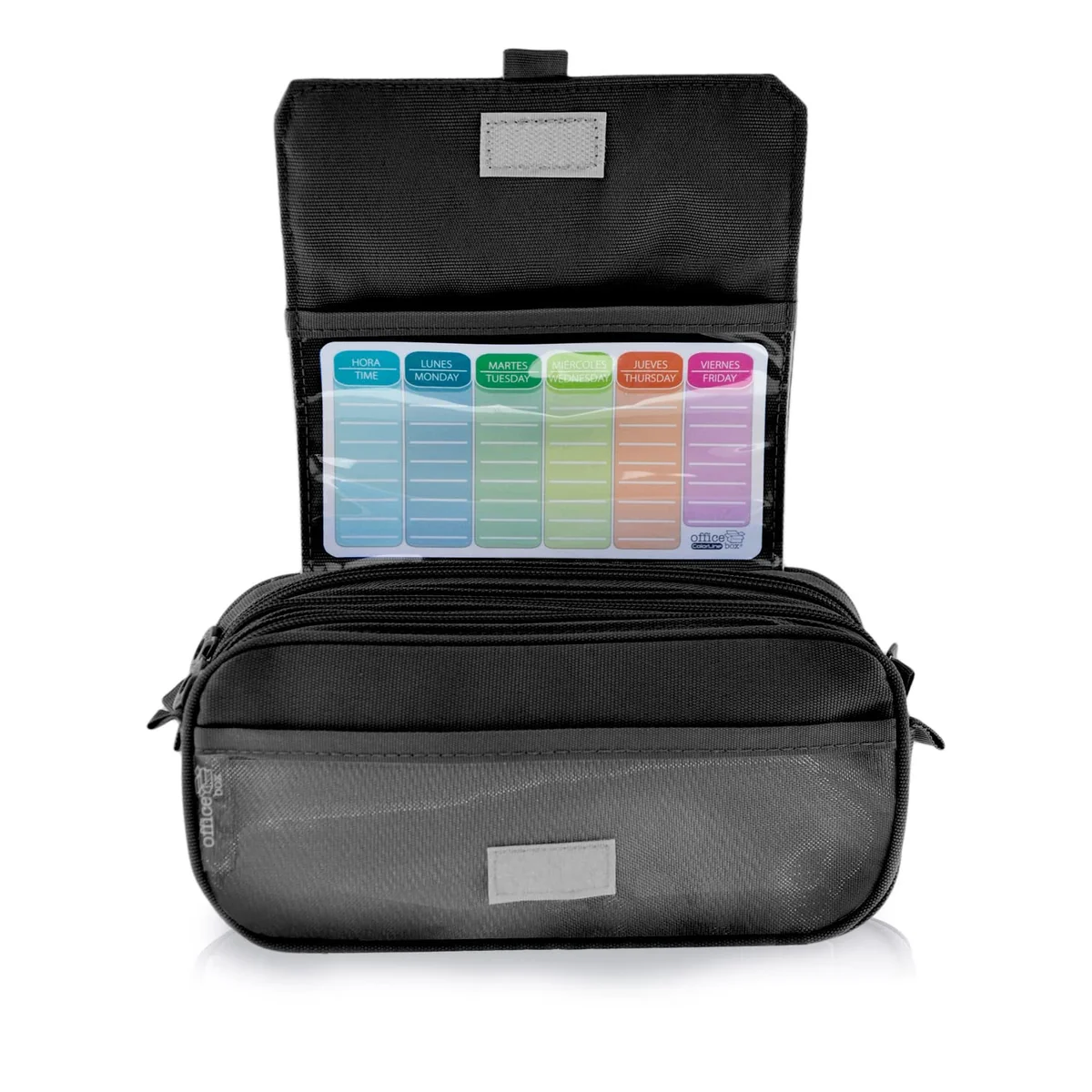 office box Estuche Triple el Orginal- Porta Lápices de 3 Apartados con Cremallera, Múltiples Bolsillos, Horario e identificador y Tira para Llevar en tu Trolley by Colorline