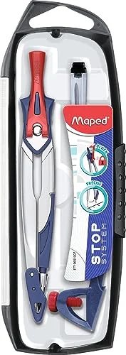 Maped - Material Escolar - Stop System Caja 3 Piezas - Compás Escolar de Precisión - Incluye 1 Abrazadera Universal y 1 Estuche de Minas - Sistema de Bloqueo de los Brazos