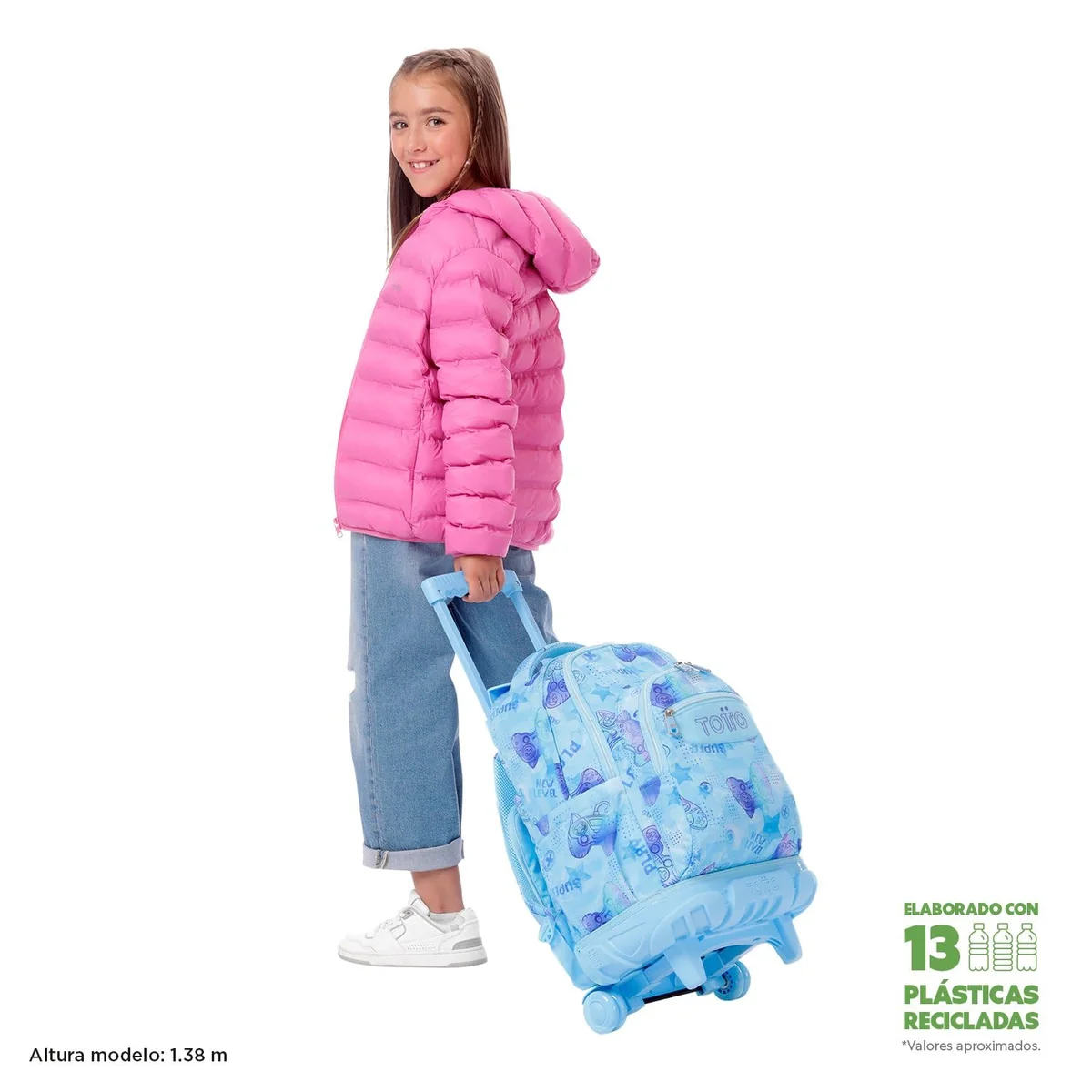 TOTTO - Mochila Escolar con Ruedas, Modelo Renglones, Capacidad 26,21 Litros, Bolsillo para PC 14", Bolsillo Botella, Correas en S para Mayor Comodidad, Resistente, Estampado Polar