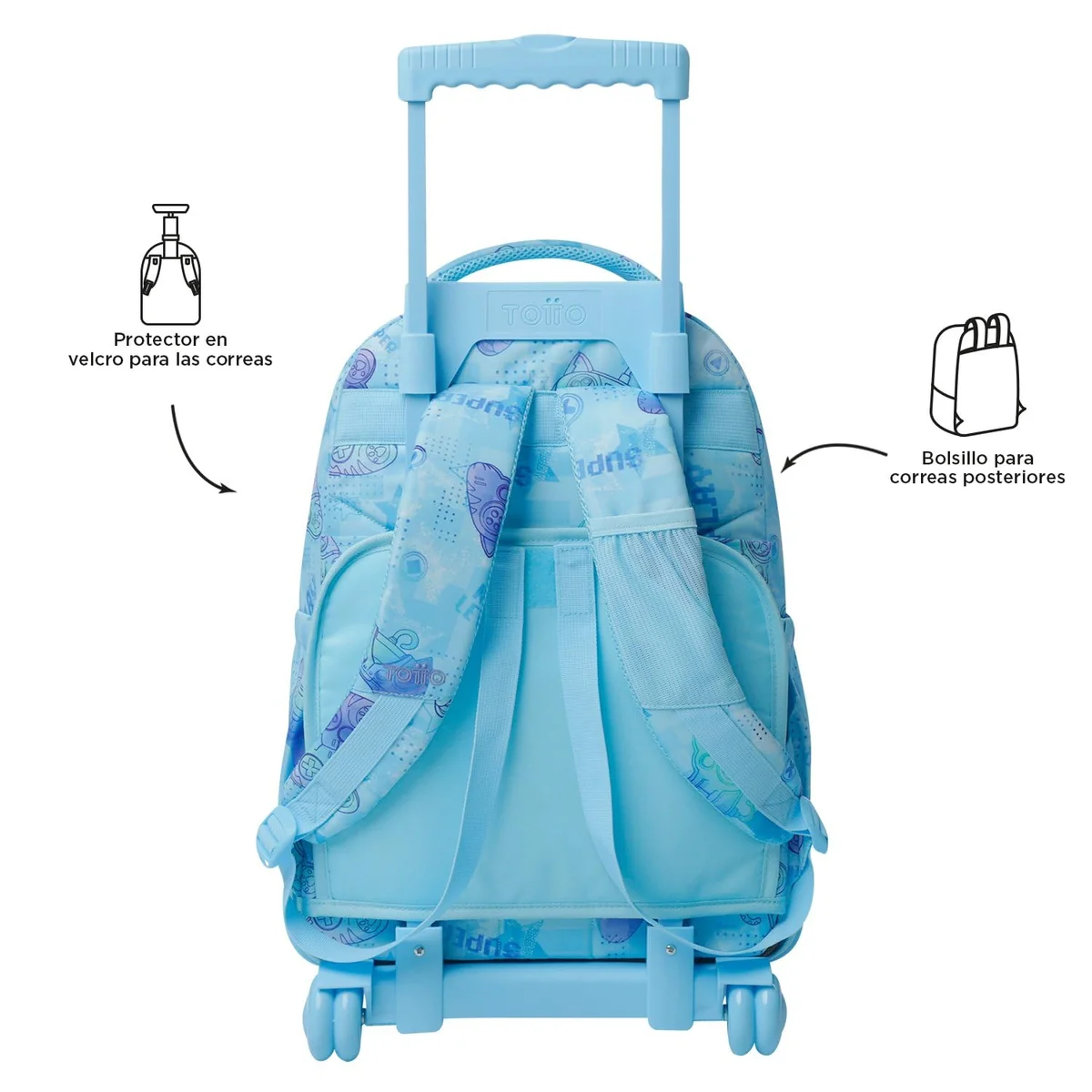 TOTTO - Mochila Escolar con Ruedas, Modelo Renglones, Capacidad 26,21 Litros, Bolsillo para PC 14", Bolsillo Botella, Correas en S para Mayor Comodidad, Resistente, Estampado Polar