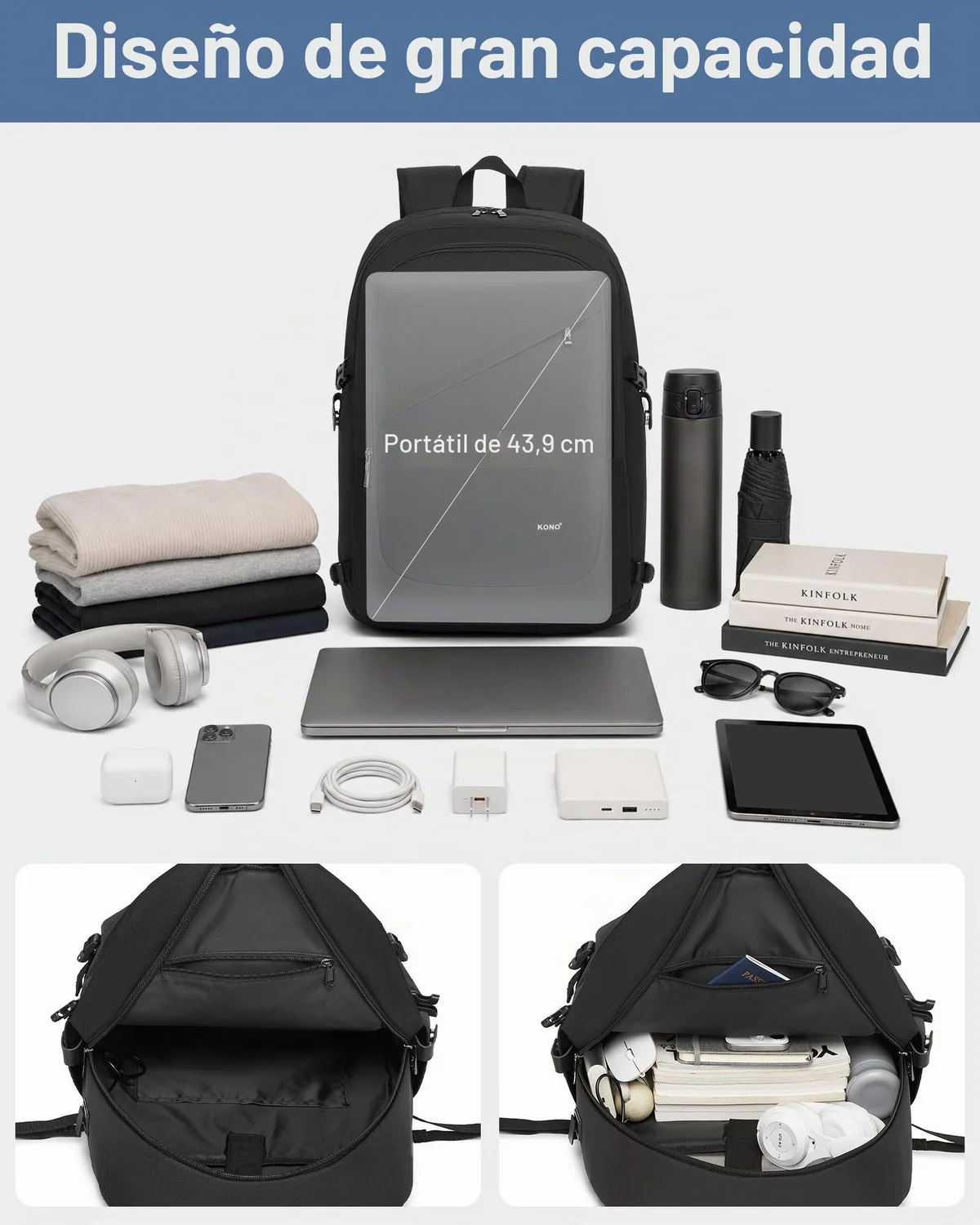 Kono Mochila Ordenador Portátil Hombre Mujer 17,3" Gran Capacidad, Negro