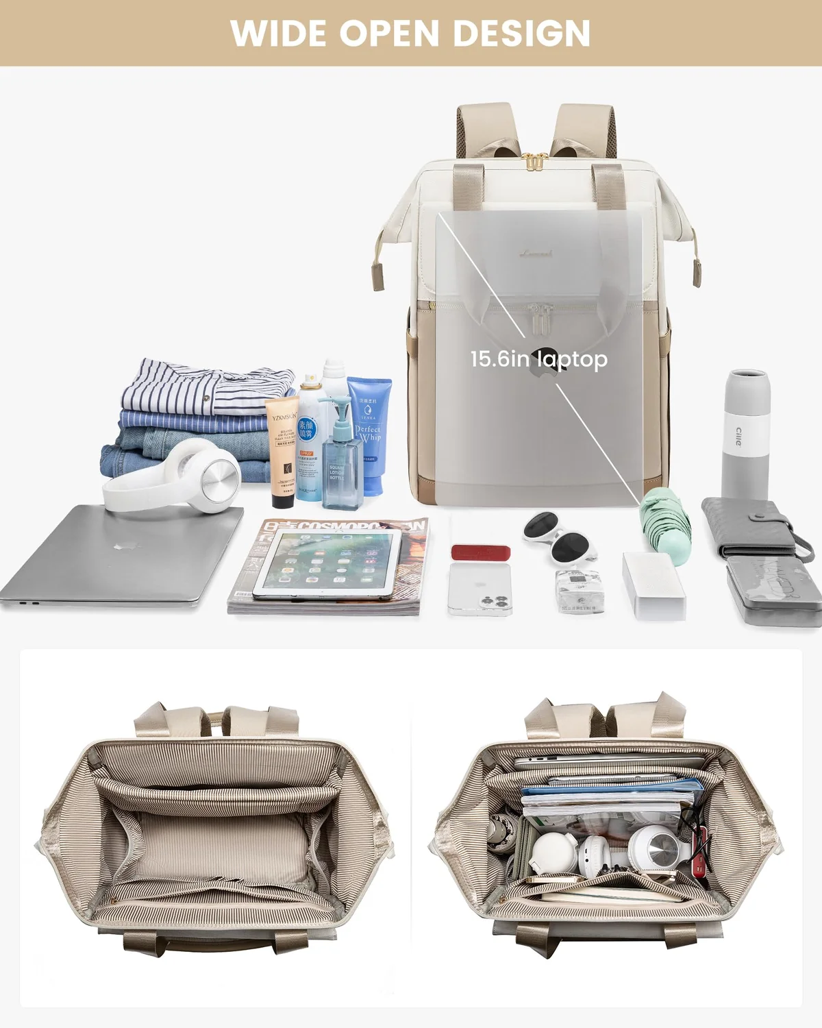 LOVEVOOK Mochila Portatil Mujer, 15.6 Pulgadas Impermeable Antirrobo Backpack, Mochilas para Ordenador Portátil con Carga USB para la Profesora Trabajo Viajes Universidad Colegio, Caqui Beige