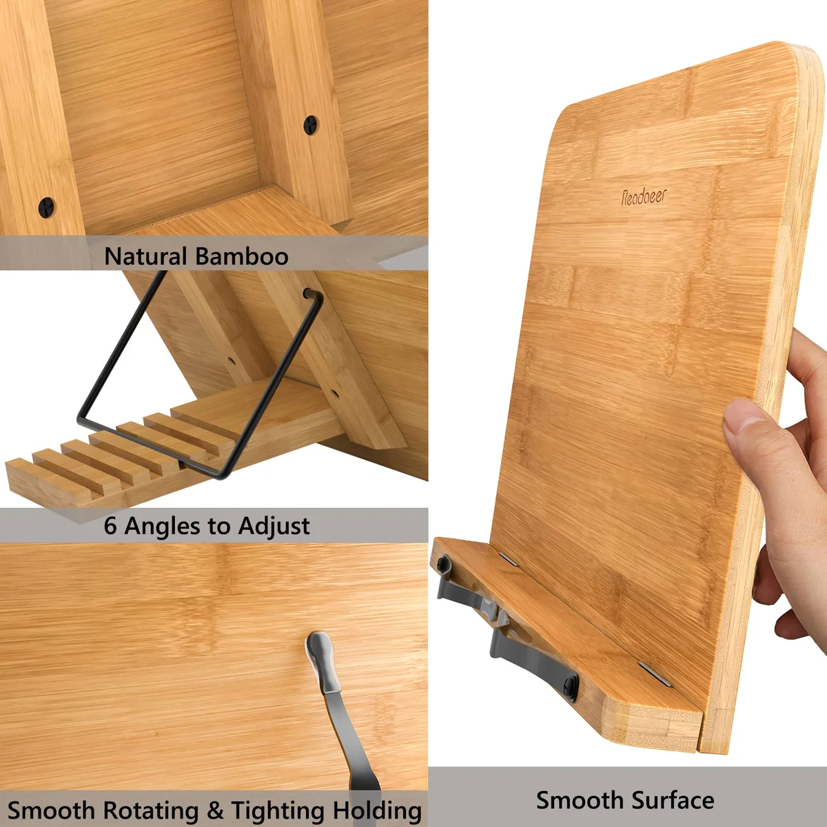 READAEER Atril para libros de cocina, soporte plegable de bambú con 6 alturas ajustables