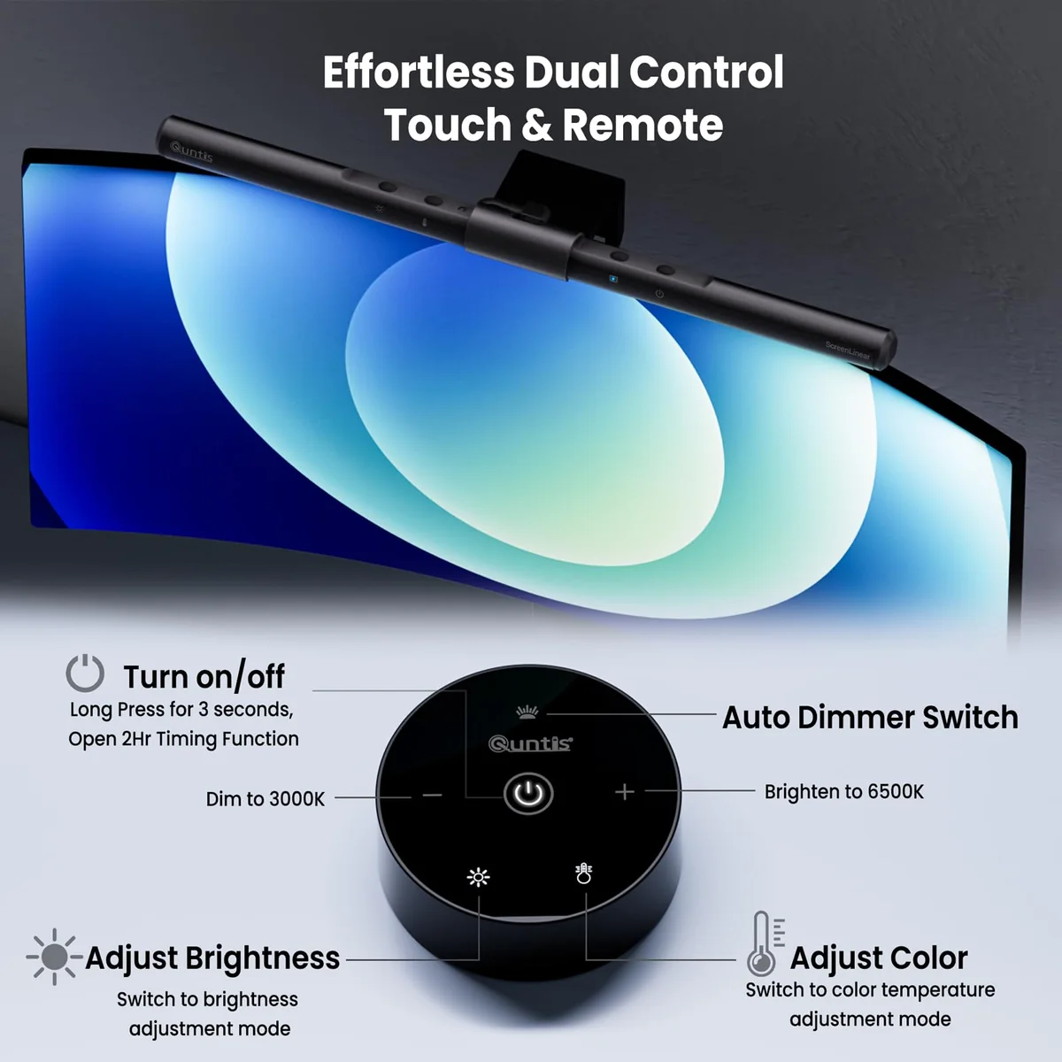 Quntis Lámpara Monitor con Control Táctil y Mando a Distancia 40cm Gris
