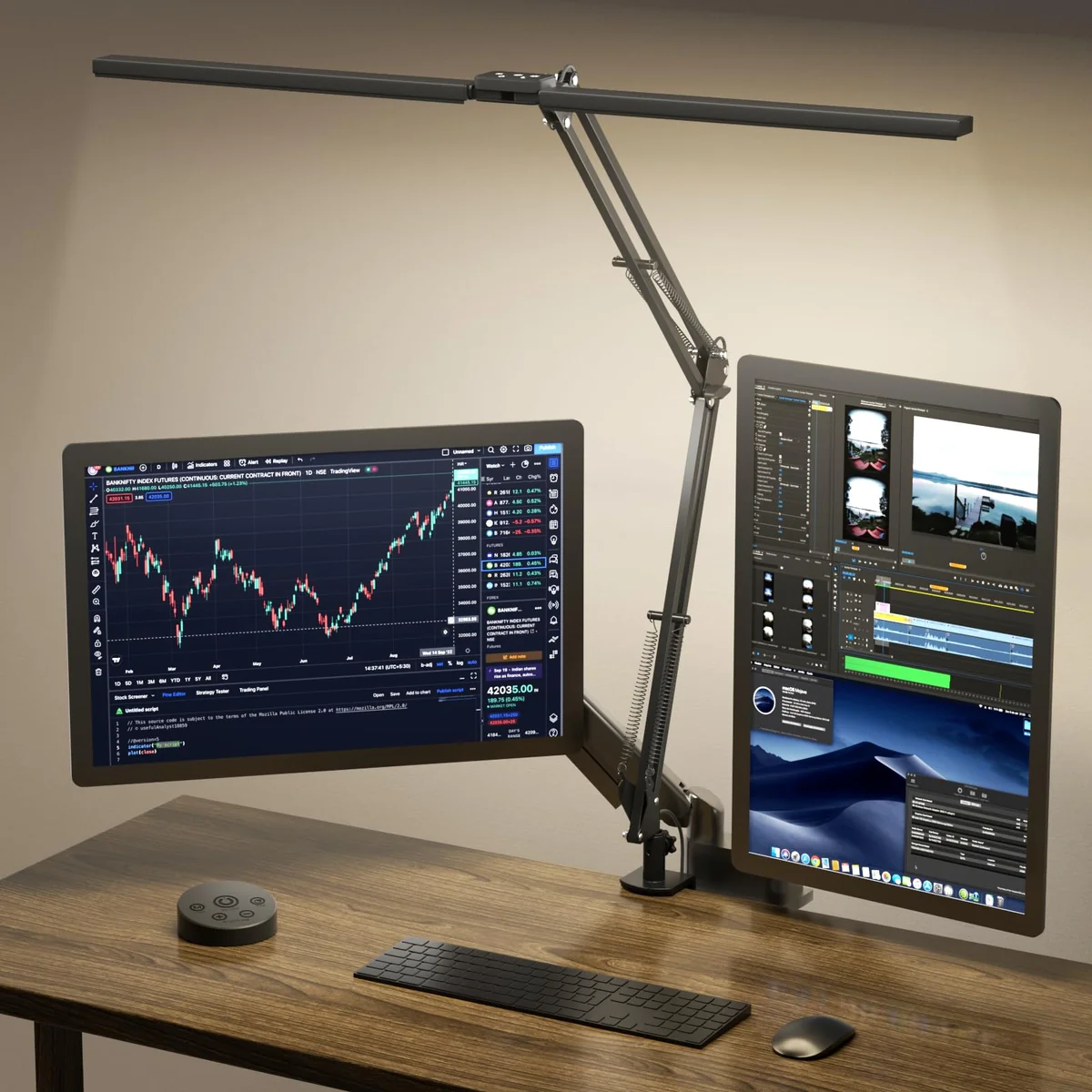 SKYLEO Lámpara LED Escritorio, ​Lámpara de Escritorio de Doble Cabezal con Clip, con Control Remoto, 2400 LM, 5 Modos de Temperatura de Color, Lámpara Escritorio Hogar, 24W, Negro