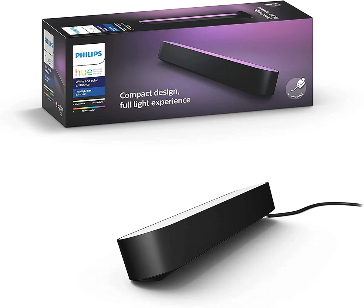 Philips Hue - Barra de luz led, Hue Play, Luz blanca y luces de colores, lámpara led Compatible con Alexa y Google Home, Negro - 1 Unidad