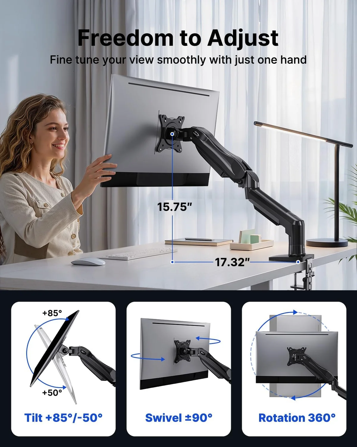 HUANUO Soporte Monitor Escritorio para Pantallas 13-32 Pulgadas, Brazo Monitor hasta 9 kg, Monitor Arm Ergonómico con Inclinación, Giro y Rotación 360°, Altura Regulable, VESA 75x75/100x100