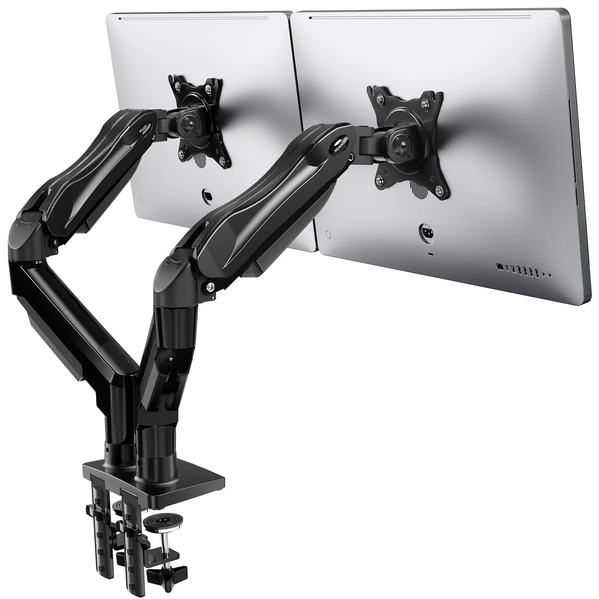 HUANUO Soporte Monitor Doble, Brazo Monitor de Escritorio para Pantallas de 13 a 32 Pulgadas, Ajuste de Altura con Inclinación, Giratorio, Rotar, VESA 75 & 100 mm, Carga Máxima 9kg