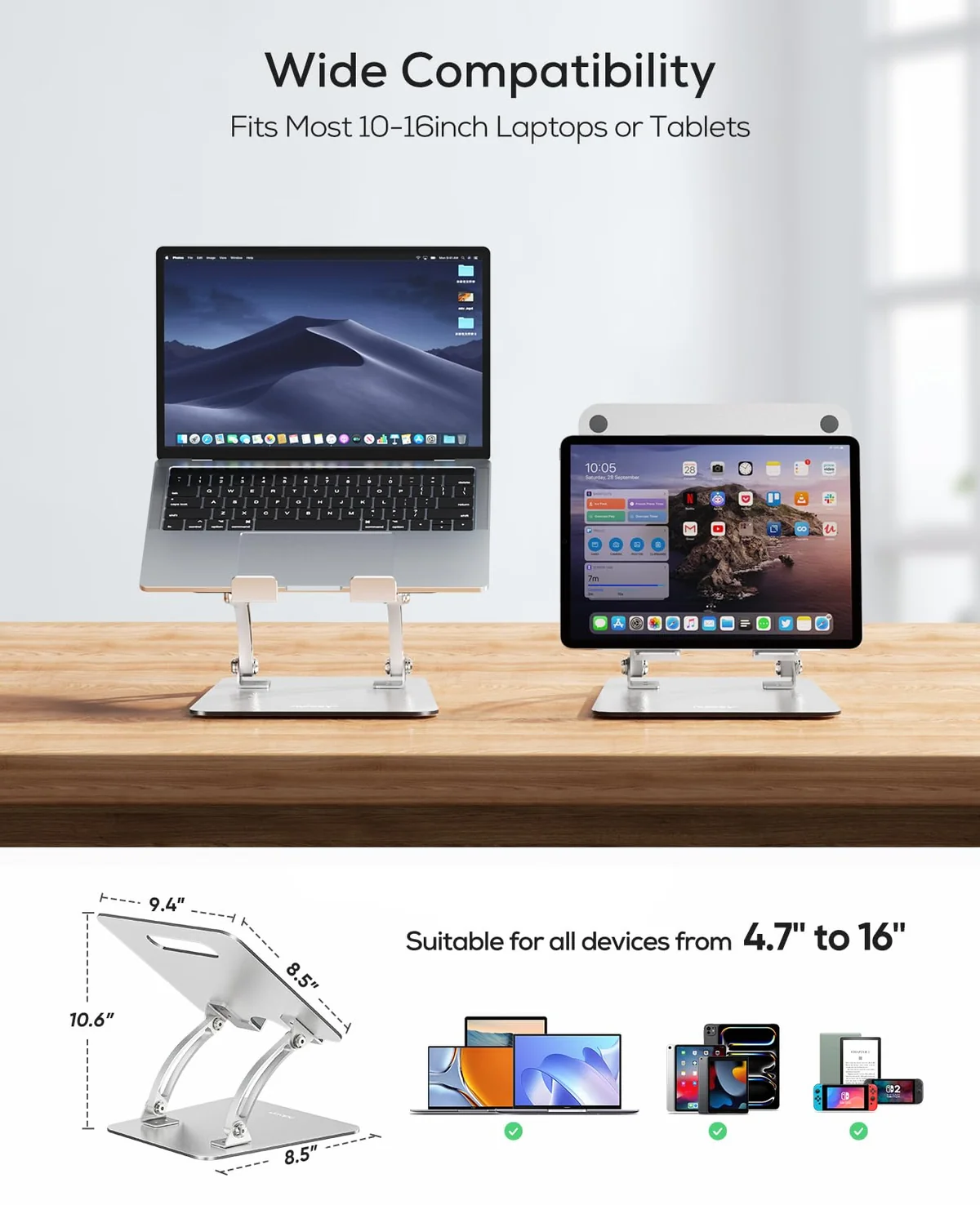 Nulaxy Soporte de portátil o notebook de 10 a 17 pulgadas, totalmente ajustable para escritorio, elevador, plegable, dual, aluminio, ventilación de calor, ergonómico, accesorio de oficina, color plata