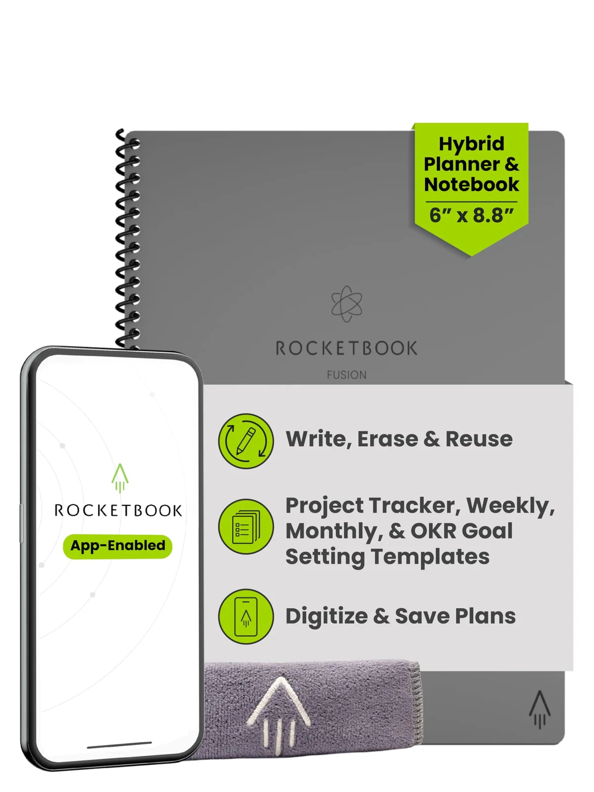 Rocketbook Fusion Cuaderno Inteligente - Reutilizable Digital Libreta A5 Gris Bloc, Notas To Do List Planificador Semanal & Mensual, 7 Estilos