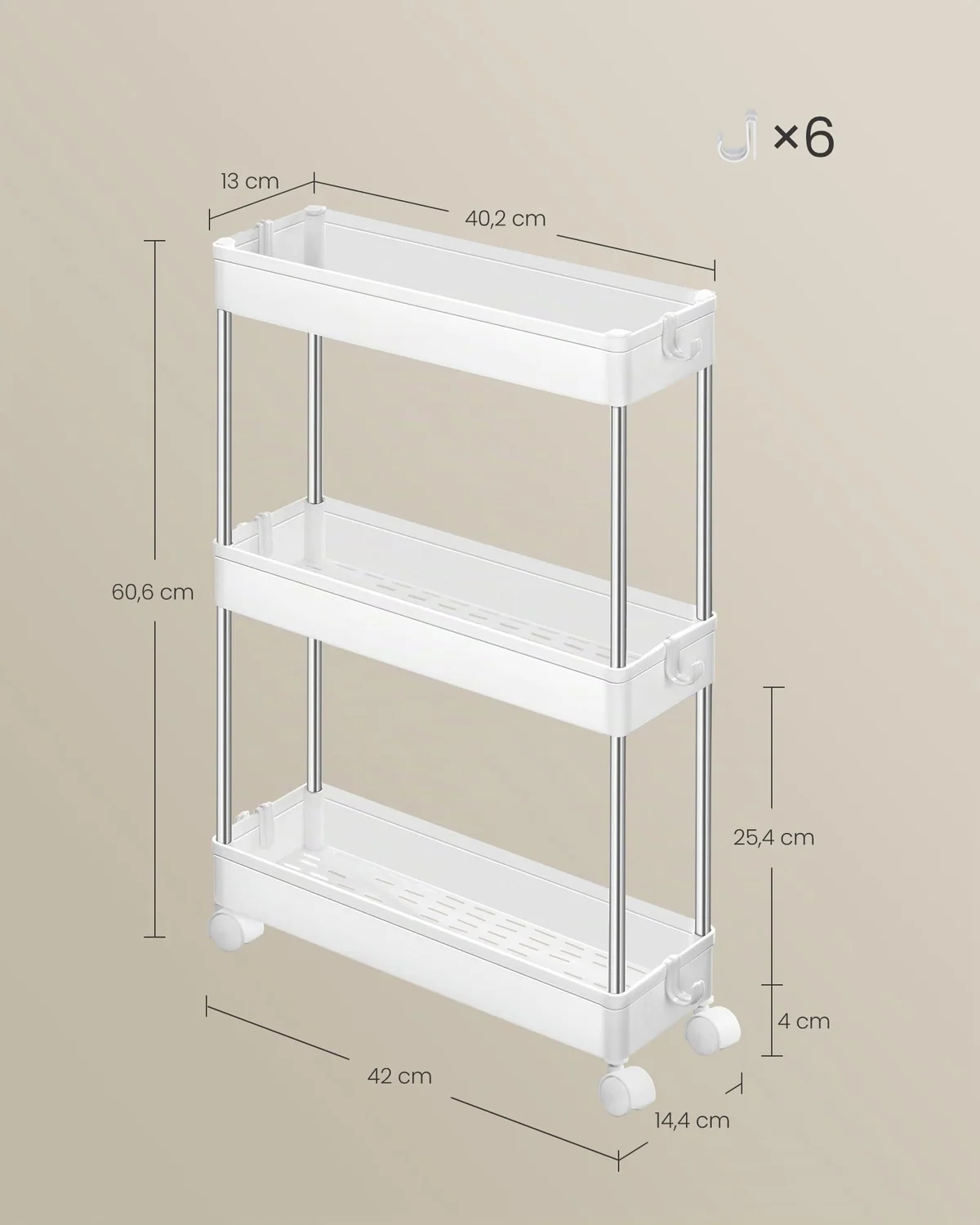 SONGMICS Carro de Almacenamiento de 3 Niveles, Carrito con Ruedas, Carro de Cocina, Ahorro de Espacio, para Baño, Oficina, 14,4 x 42 x 60,6 cm, Blanco Nube KSC007W01