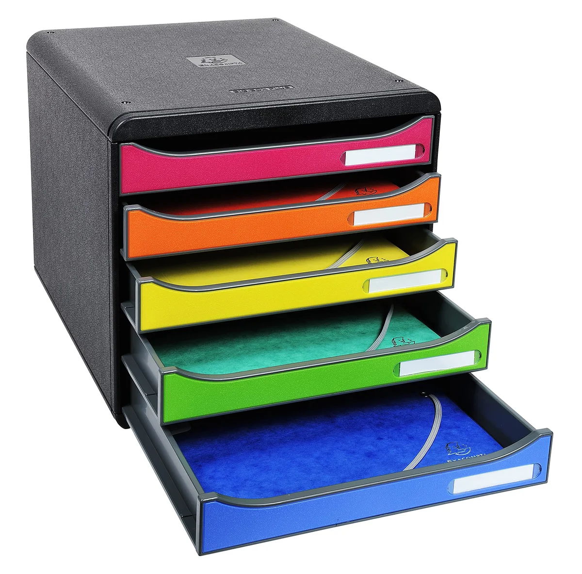 Exacompta 309798D - Módulo individual con 5 cajones para documentos A4+, ultra-rígido, cajones abiertos, con stop de seguridad - 347x278x271 mm - BIG-BOX PLUS - Negro/multicolor
