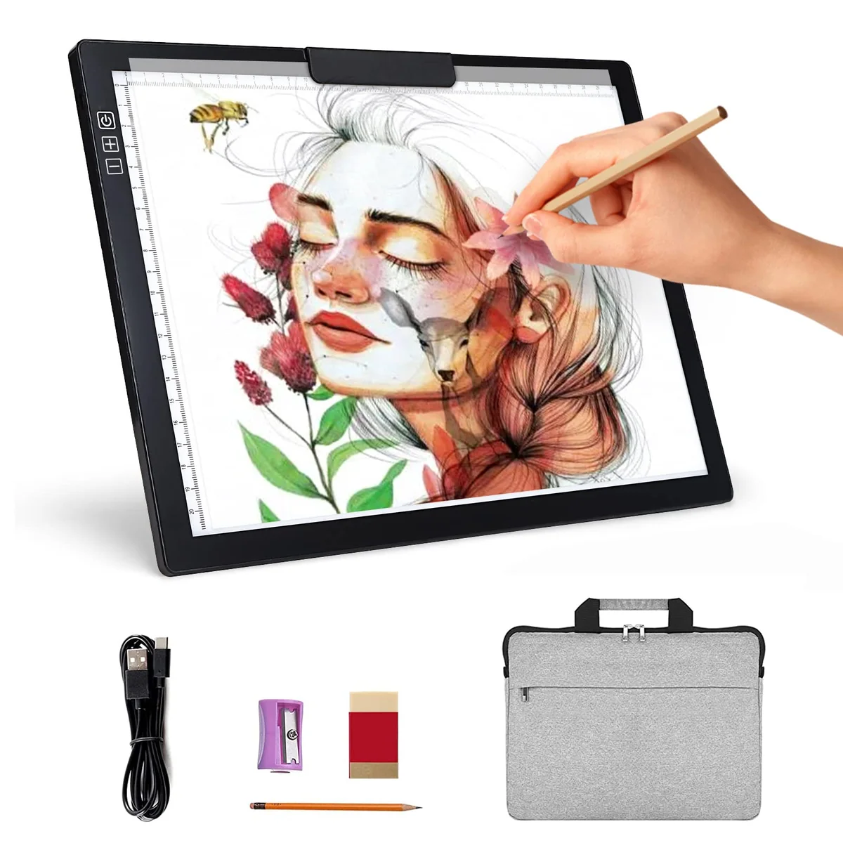 Recargable A4 Mesa de Luz Dibujo light board con bolsa, Mesa de Luz para Calcar con 6 niveles de brillo tablero de luz para rastrear, tablero de luz para dibujo, pintura de diamantes, pintura