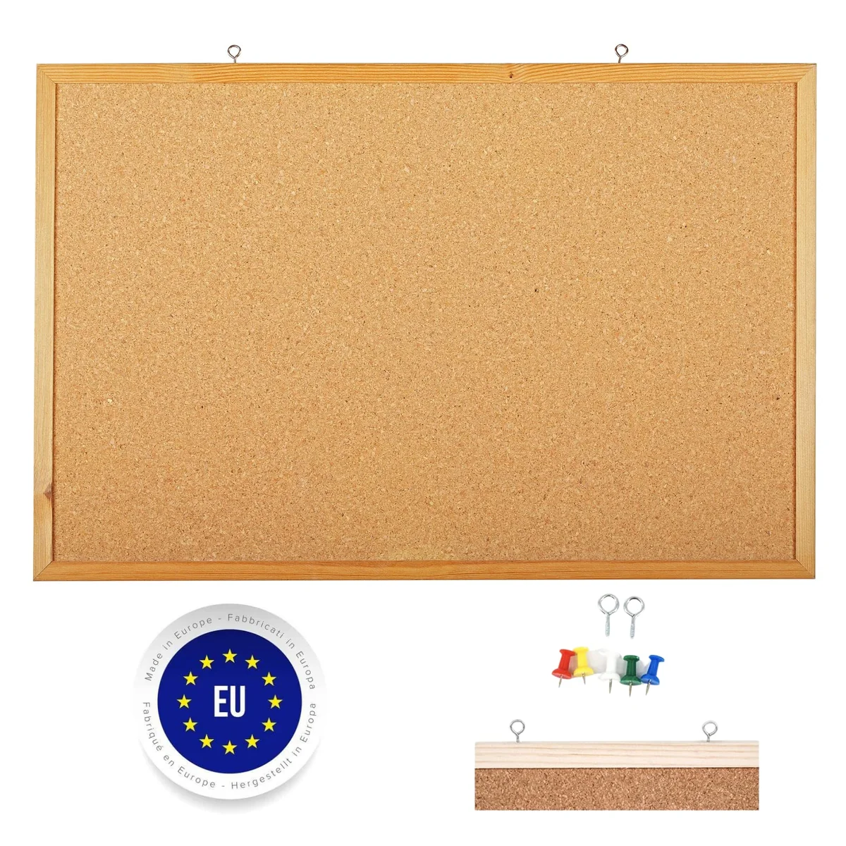 Raylu Paper® – Tablero de corcho natural con marco de madera de pino, tablón de anuncios con señalizadores y kit de montaje. (60 X 40 cm)