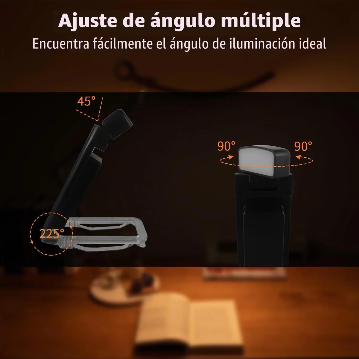 QUMOX Lámpara de Lectura LED con Clip – 3 Tonos Ámbar, 5 Niveles de Brillo, Temporizador, Cabezal Ajustable, Recargable por USB – Luz de Lectura para Libros, Cama, Viaje (Negro)