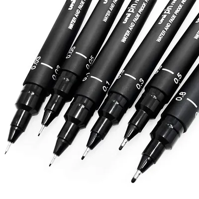 Uni Pin, 6 fineliners negros de 0,03 a 0,8 mm